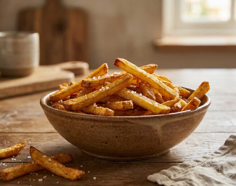 Un bol en céramique rempli de frites dorées saupoudrées de gros sel sur une table en bois rustique.