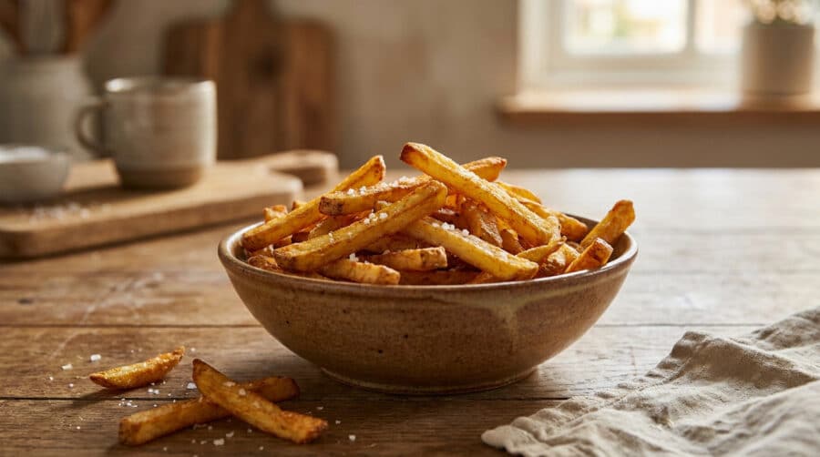 Un bol en céramique rempli de frites dorées saupoudrées de gros sel sur une table en bois rustique.