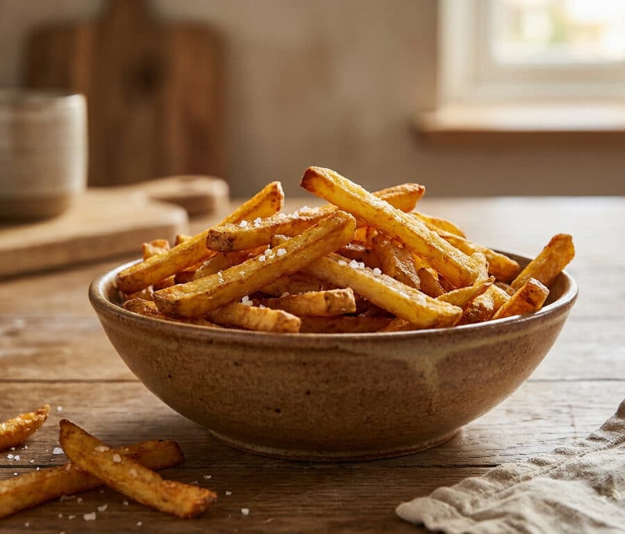 Un bol en céramique rempli de frites dorées saupoudrées de gros sel sur une table en bois rustique.