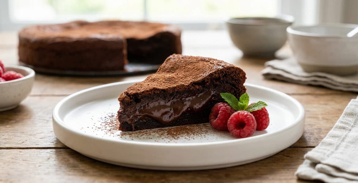 Une part de gâteau au chocolat fondant saupoudré de cacao, décorée de framboises et de menthe sur une assiette blanche.