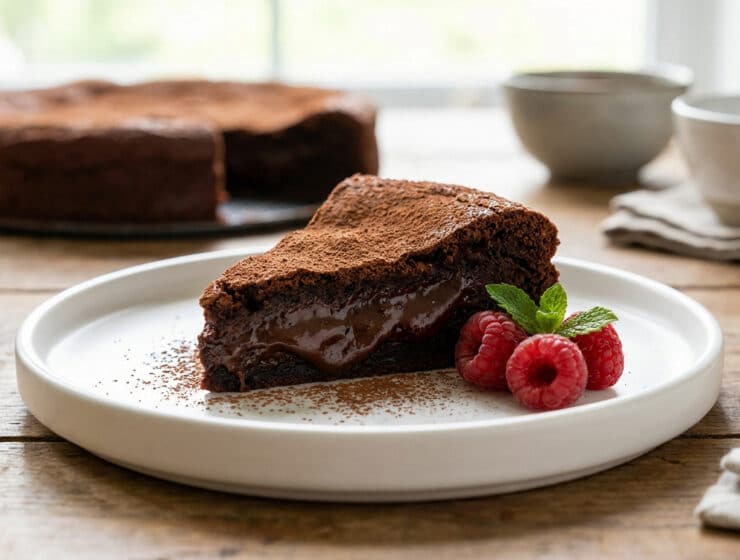 Une part de gâteau au chocolat fondant saupoudré de cacao, décorée de framboises et de menthe sur une assiette blanche.