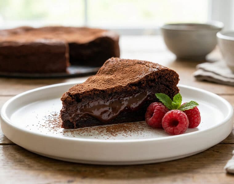 Une part de gâteau au chocolat fondant saupoudré de cacao, décorée de framboises et de menthe sur une assiette blanche.