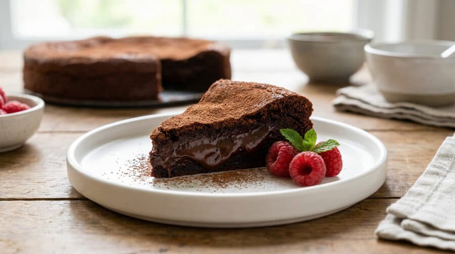 Une part de gâteau au chocolat fondant saupoudré de cacao, décorée de framboises et de menthe sur une assiette blanche.
