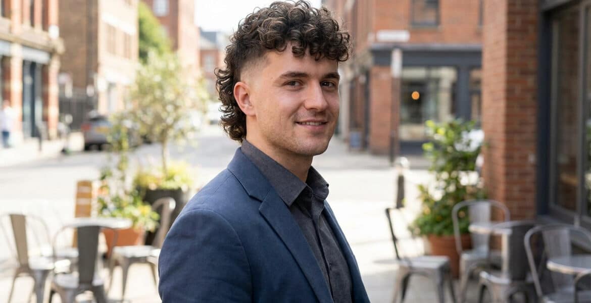 Homme aux cheveux bouclés avec une coupe mulet moderne portant un blazer bleu dans une rue citadine.