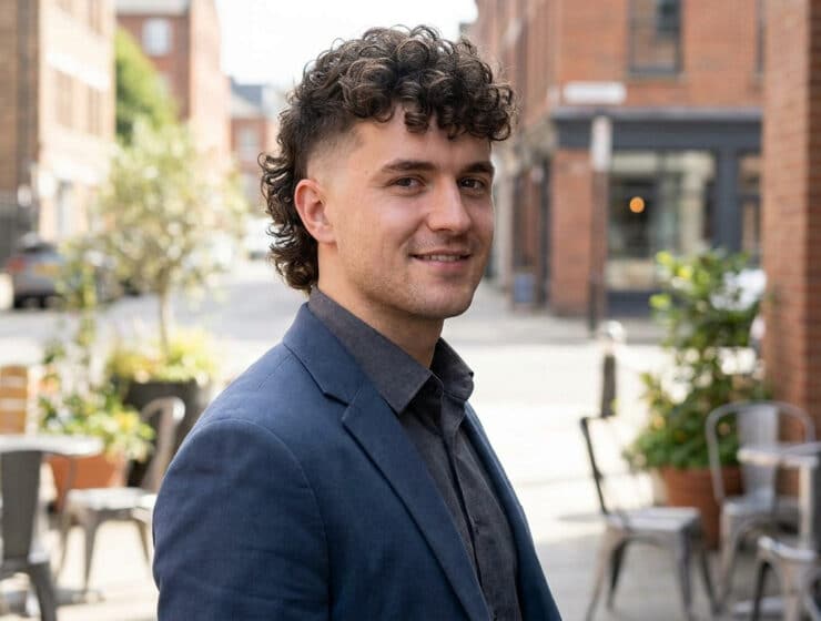 Homme aux cheveux bouclés avec une coupe mulet moderne portant un blazer bleu dans une rue citadine.