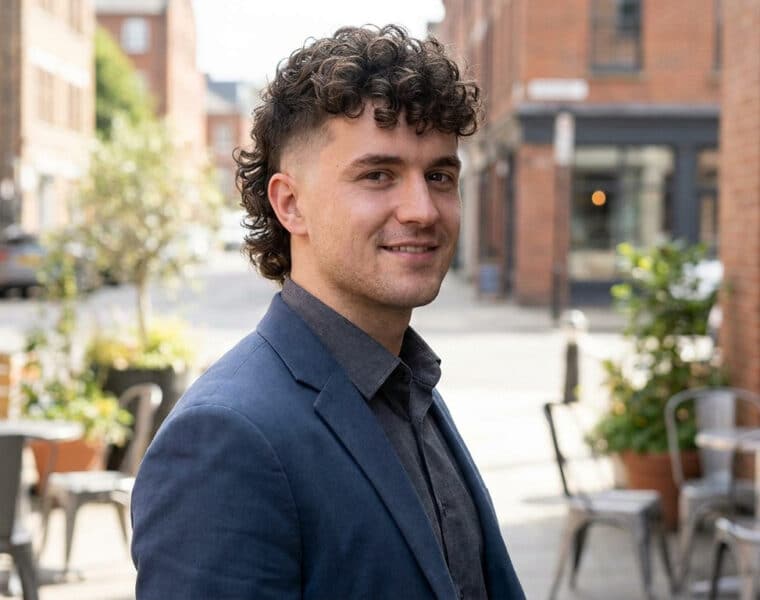 Homme aux cheveux bouclés avec une coupe mulet moderne portant un blazer bleu dans une rue citadine.