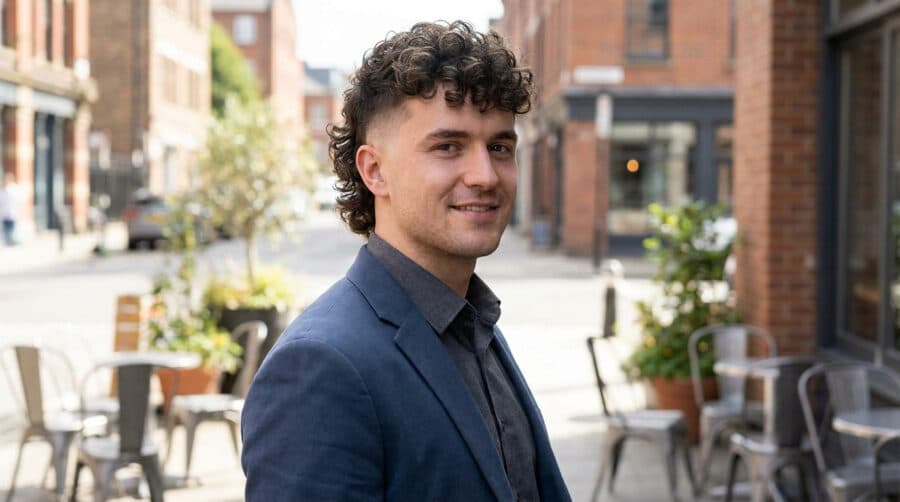 Homme aux cheveux bouclés avec une coupe mulet moderne portant un blazer bleu dans une rue citadine.