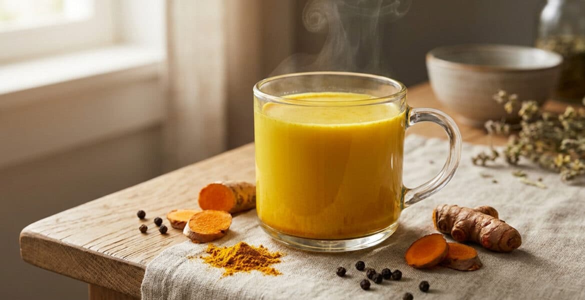 Une tasse de lait d'or fumant entourée de curcuma frais et de poivre noir sur une table en bois.