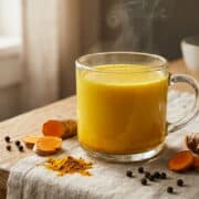 Une tasse de lait d'or fumant entourée de curcuma frais et de poivre noir sur une table en bois.