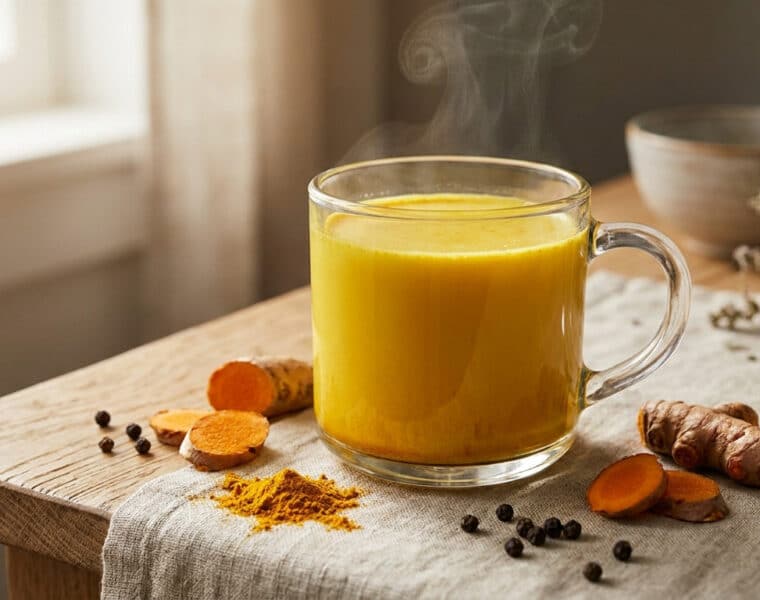 Une tasse de lait d'or fumant entourée de curcuma frais et de poivre noir sur une table en bois.