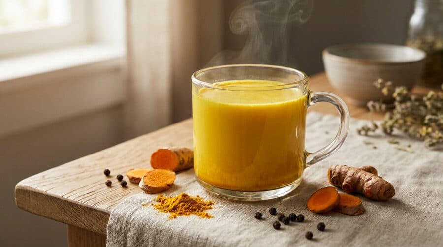 Une tasse de lait d'or fumant entourée de curcuma frais et de poivre noir sur une table en bois.