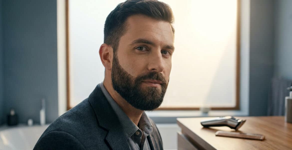 Un homme élégant avec une barbe courte bien taillée, posant dans une salle de bain moderne avec une tondeuse.