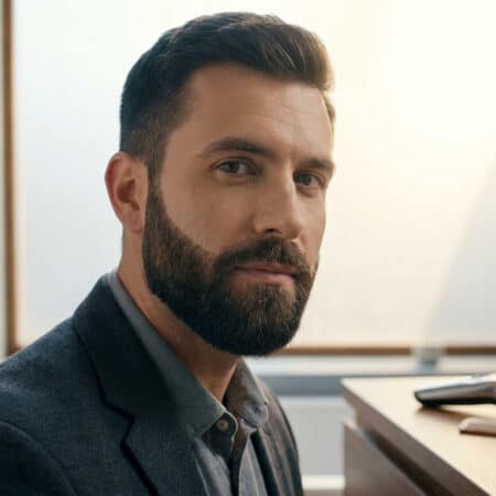 Un homme élégant avec une barbe courte bien taillée, posant dans une salle de bain moderne avec une tondeuse.