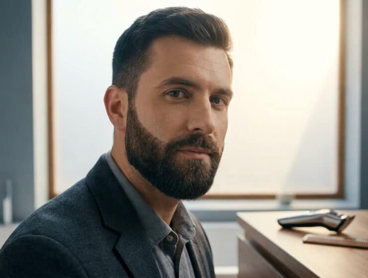 Un homme élégant avec une barbe courte bien taillée, posant dans une salle de bain moderne avec une tondeuse.