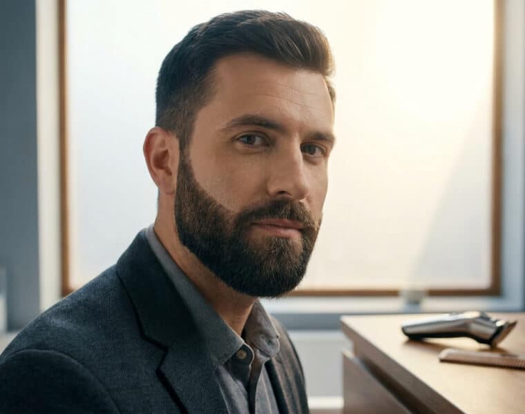 Un homme élégant avec une barbe courte bien taillée, posant dans une salle de bain moderne avec une tondeuse.