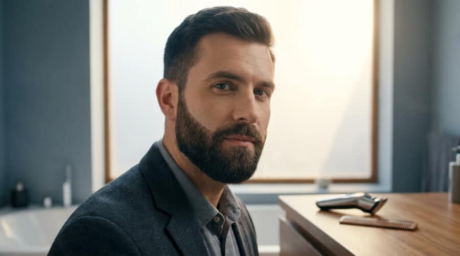 Un homme élégant avec une barbe courte bien taillée, posant dans une salle de bain moderne avec une tondeuse.