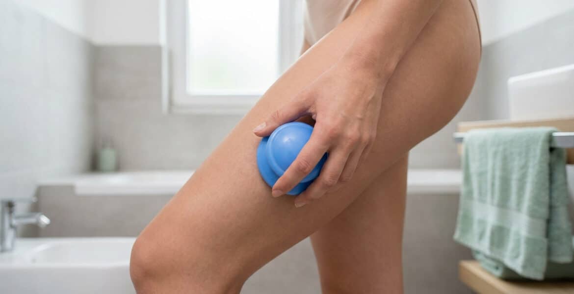 Une main utilise une ventouse bleue pour masser la cuisse d'une femme dans une salle de bain lumineuse.