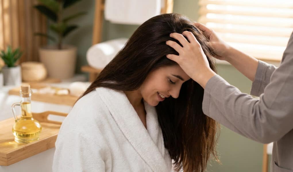 Femme en peignoir recevant un massage du cuir chevelu relaxant dans un spa.