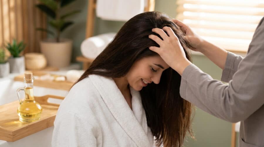 Femme en peignoir recevant un massage du cuir chevelu relaxant dans un spa.