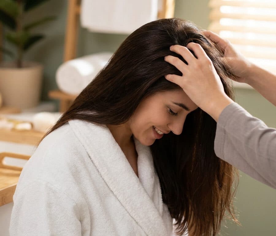 Femme en peignoir recevant un massage du cuir chevelu relaxant dans un spa.