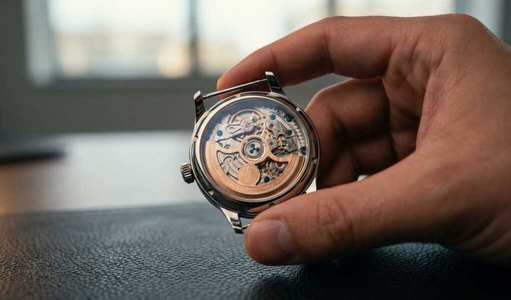 Gros plan sur le fond transparent d'une montre automatique tenue par une main, révélant le mouvement complexe.