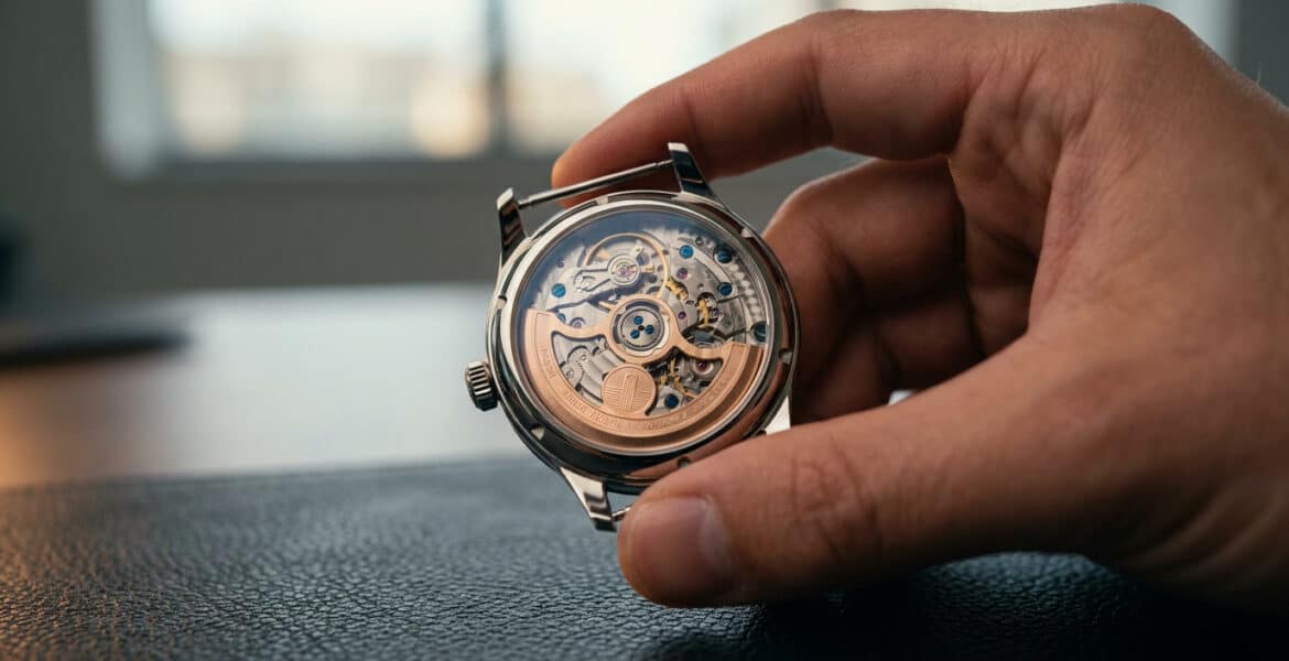 Gros plan sur le fond transparent d'une montre automatique tenue par une main, révélant le mouvement complexe.