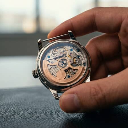 Gros plan sur le fond transparent d'une montre automatique tenue par une main, révélant le mouvement complexe.