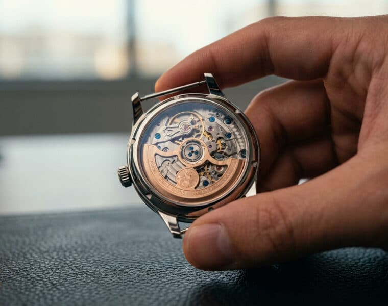 Gros plan sur le fond transparent d'une montre automatique tenue par une main, révélant le mouvement complexe.