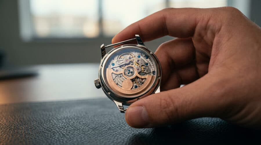 Gros plan sur le fond transparent d'une montre automatique tenue par une main, révélant le mouvement complexe.