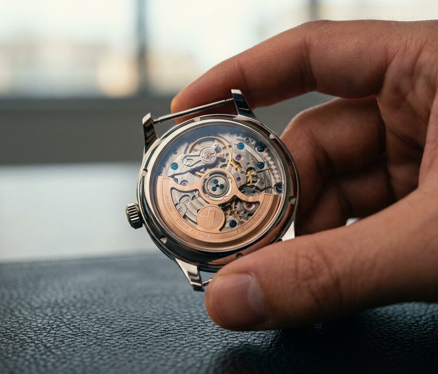 Gros plan sur le fond transparent d'une montre automatique tenue par une main, révélant le mouvement complexe.