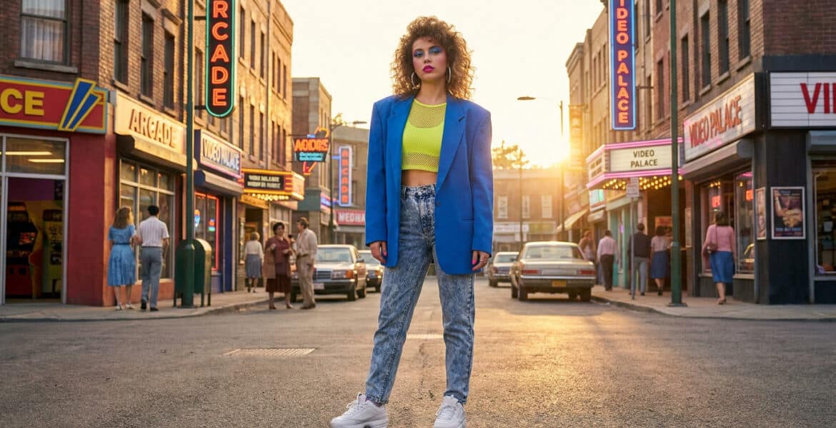 Une jeune femme au look années 80 avec veste bleue et jean délavé, debout dans une rue style rétro au coucher du soleil.