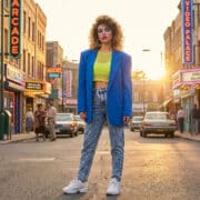 Une jeune femme au look années 80 avec veste bleue et jean délavé, debout dans une rue style rétro au coucher du soleil.