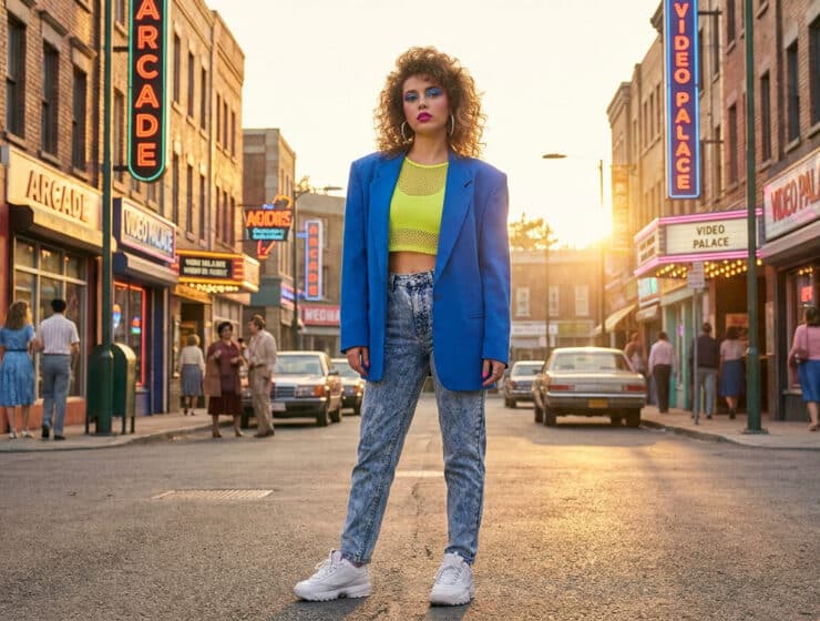 Une jeune femme au look années 80 avec veste bleue et jean délavé, debout dans une rue style rétro au coucher du soleil.