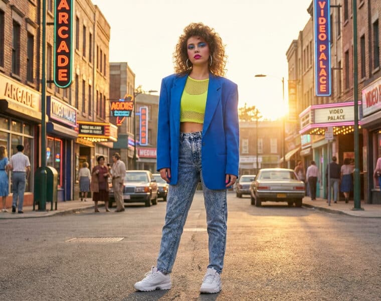 Une jeune femme au look années 80 avec veste bleue et jean délavé, debout dans une rue style rétro au coucher du soleil.