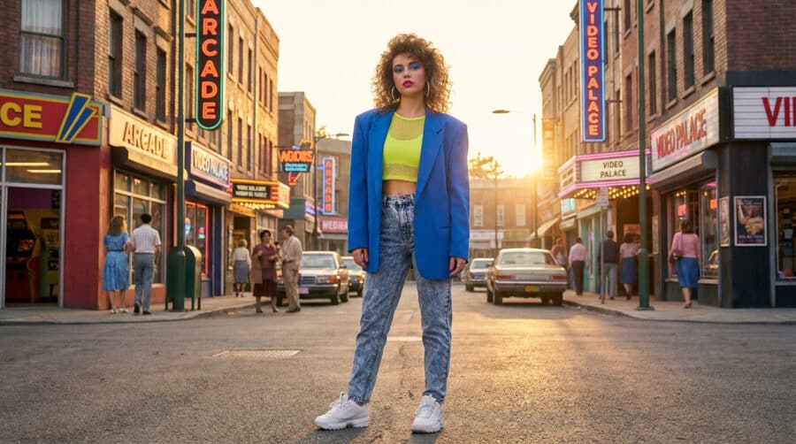 Une jeune femme au look années 80 avec veste bleue et jean délavé, debout dans une rue style rétro au coucher du soleil.