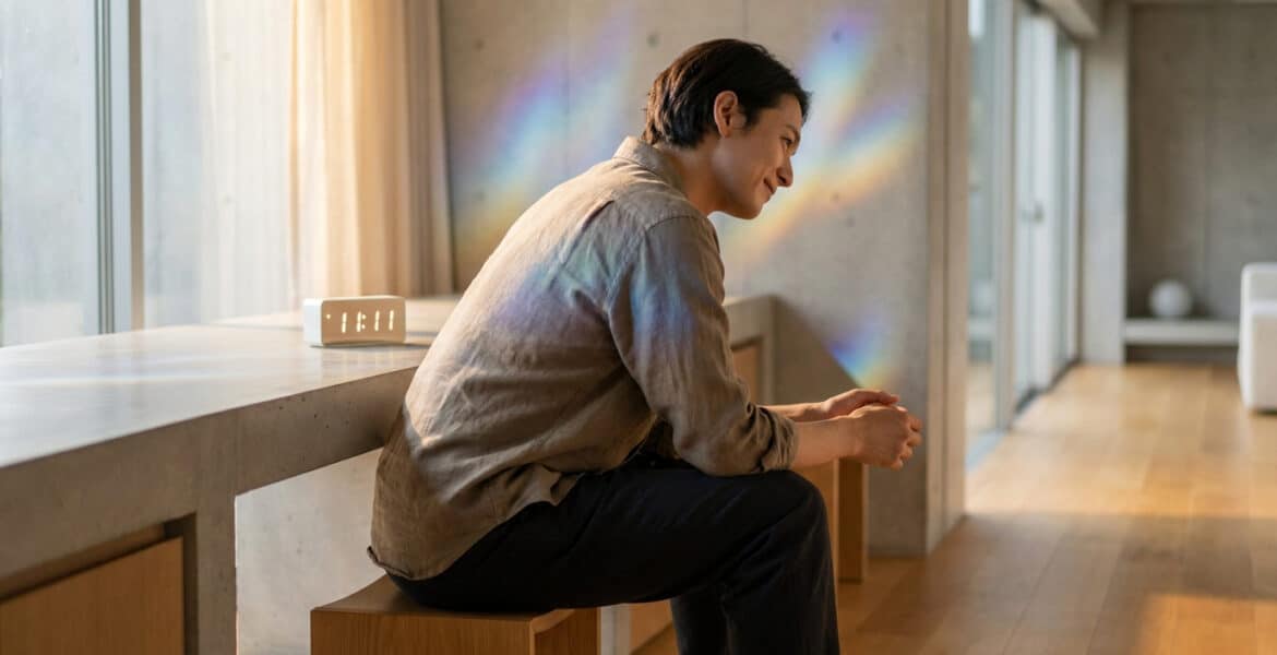 Un homme souriant assis devant une horloge numérique affichant 11:11 avec des reflets arc-en-ciel sur le mur.
