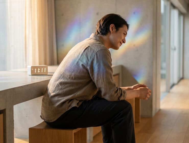 Un homme souriant assis devant une horloge numérique affichant 11:11 avec des reflets arc-en-ciel sur le mur.