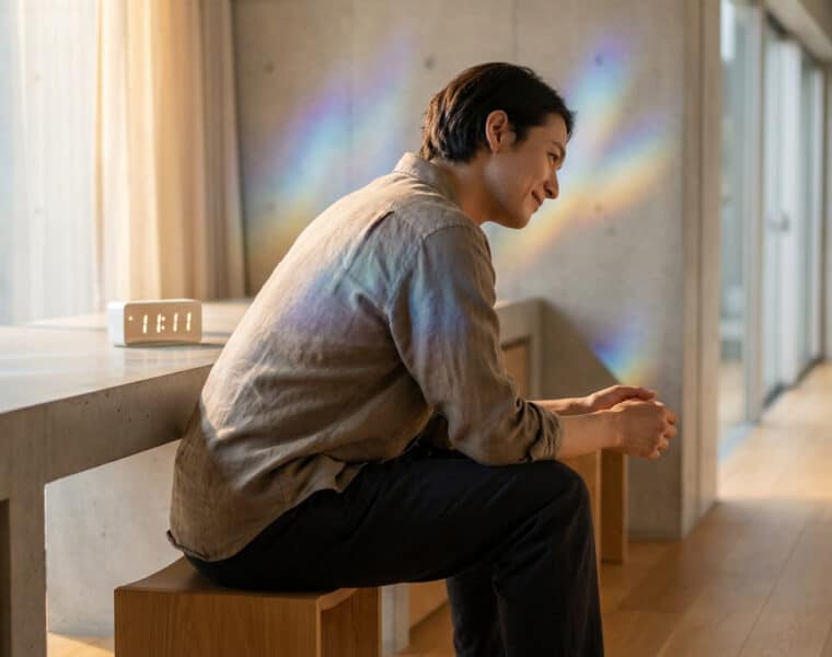 Un homme souriant assis devant une horloge numérique affichant 11:11 avec des reflets arc-en-ciel sur le mur.