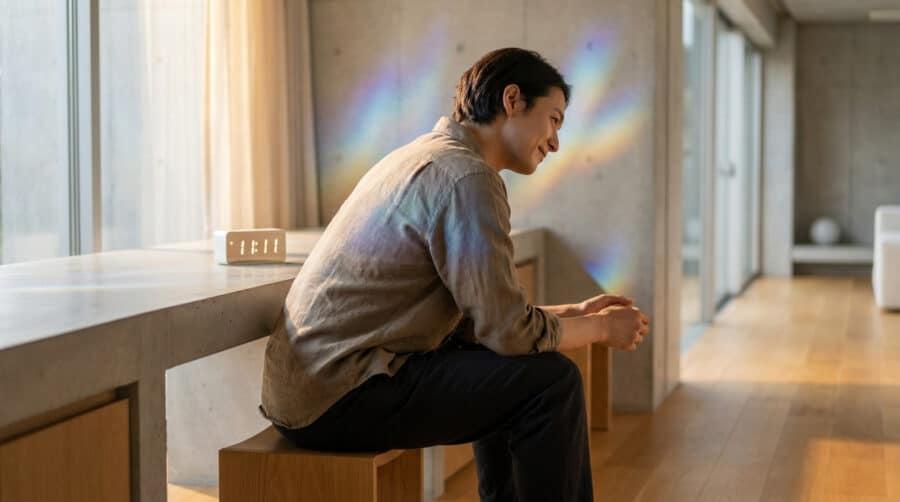 Un homme souriant assis devant une horloge numérique affichant 11:11 avec des reflets arc-en-ciel sur le mur.
