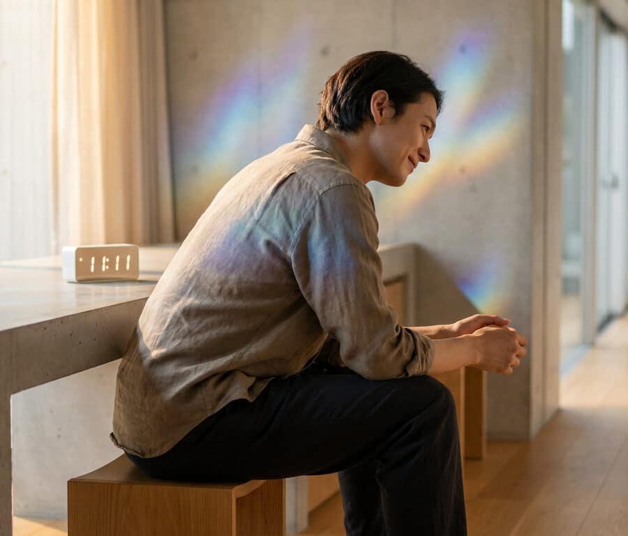 Un homme souriant assis devant une horloge numérique affichant 11:11 avec des reflets arc-en-ciel sur le mur.