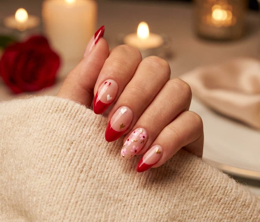 Une main portant un pull beige avec des ongles en amande décorés de motifs rouges, cœurs et fleurs pour la Saint-Valentin.