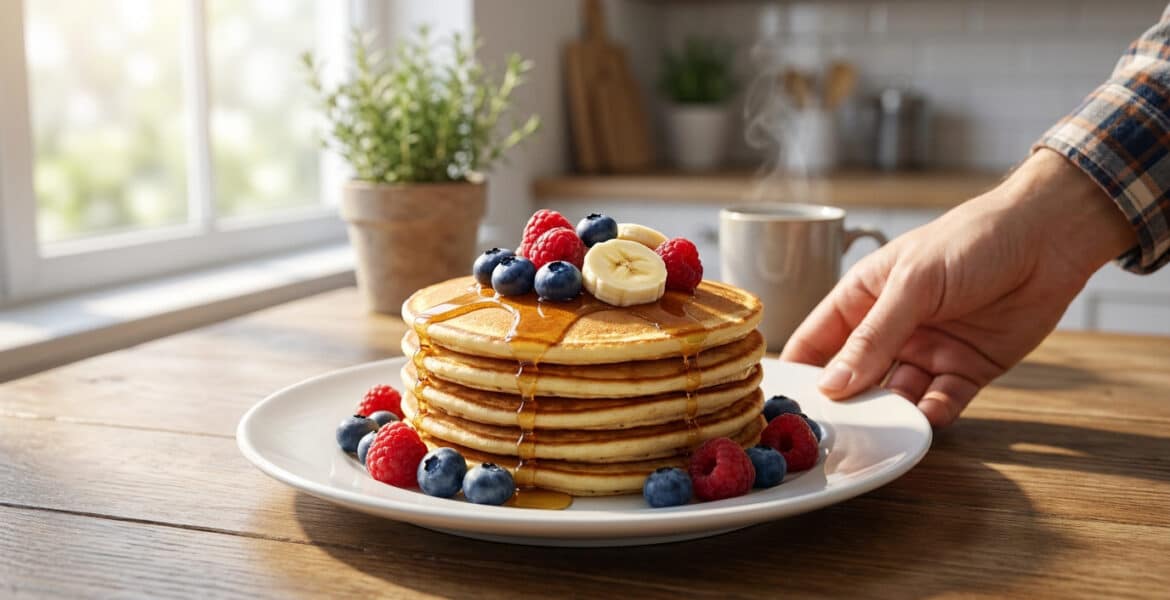 Pile de pancakes protéinés garnis de baies fraîches, de bananes et de sirop sur une table en bois.