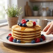 Pile de pancakes protéinés garnis de baies fraîches, de bananes et de sirop sur une table en bois.