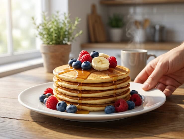 Pile de pancakes protéinés garnis de baies fraîches, de bananes et de sirop sur une table en bois.
