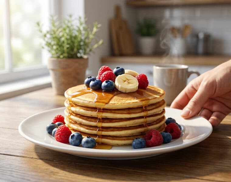 Pile de pancakes protéinés garnis de baies fraîches, de bananes et de sirop sur une table en bois.