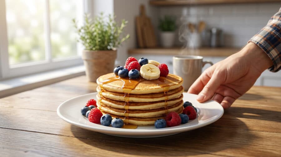 Pile de pancakes protéinés garnis de baies fraîches, de bananes et de sirop sur une table en bois.