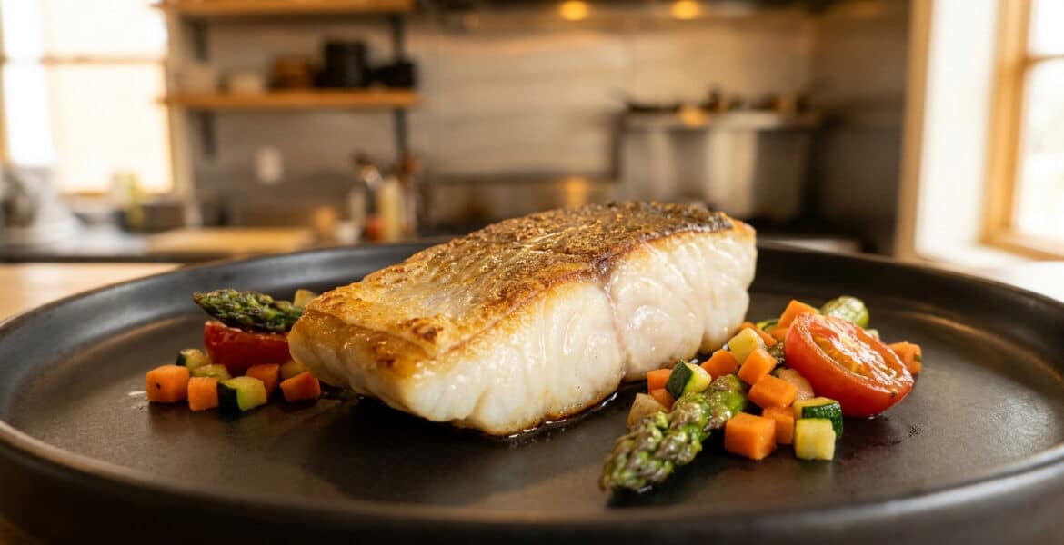Un filet de dos de cabillaud doré à la poêle, servi sur une assiette noire avec des légumes croquants.