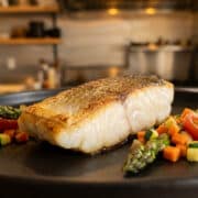 Un filet de dos de cabillaud doré à la poêle, servi sur une assiette noire avec des légumes croquants.