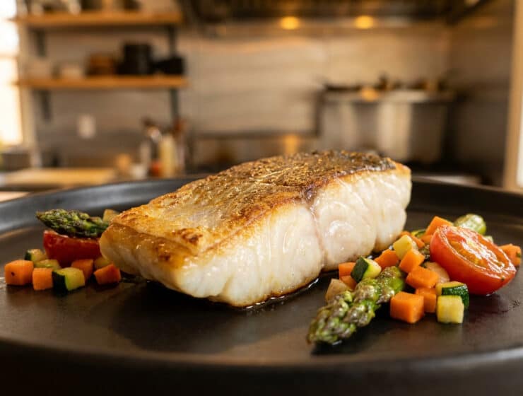 Un filet de dos de cabillaud doré à la poêle, servi sur une assiette noire avec des légumes croquants.