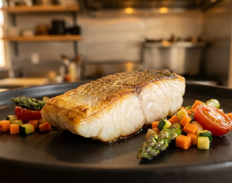 Un filet de dos de cabillaud doré à la poêle, servi sur une assiette noire avec des légumes croquants.